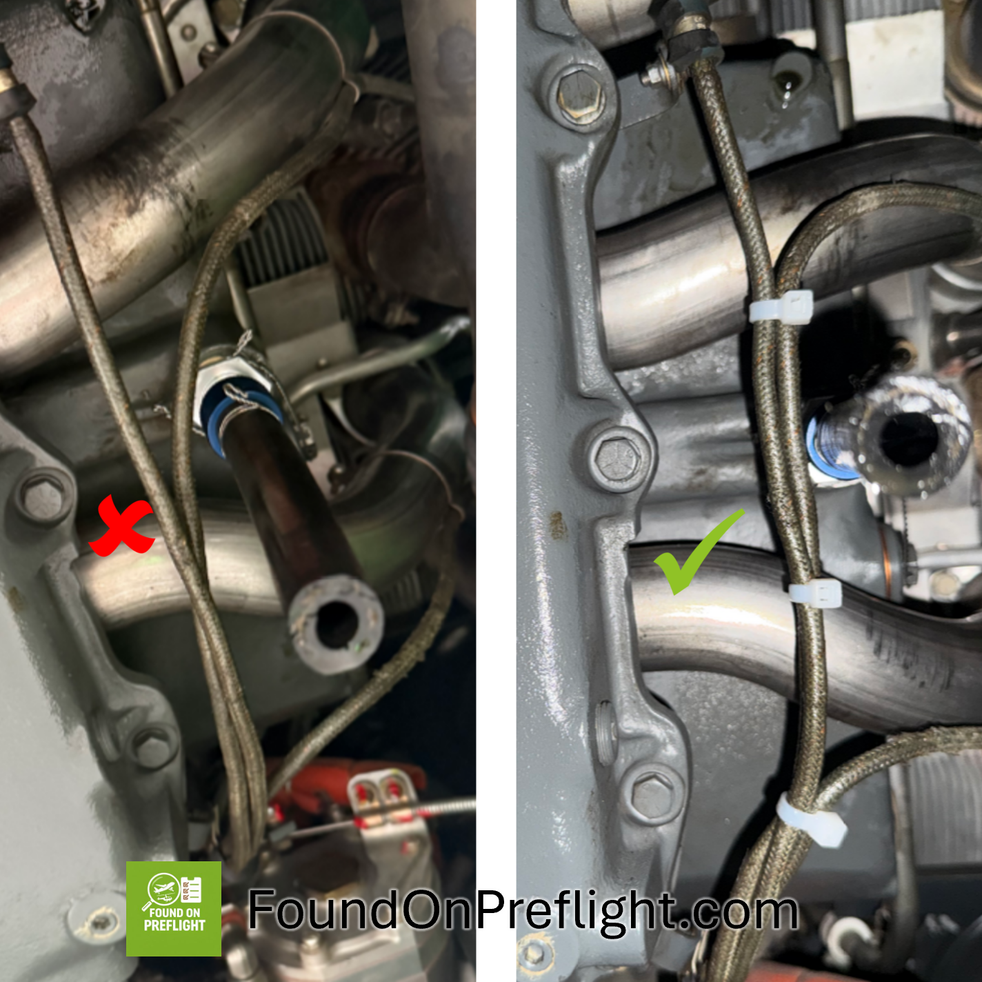 Zip ties missing after maintenance - right side photo shows what it should look like.